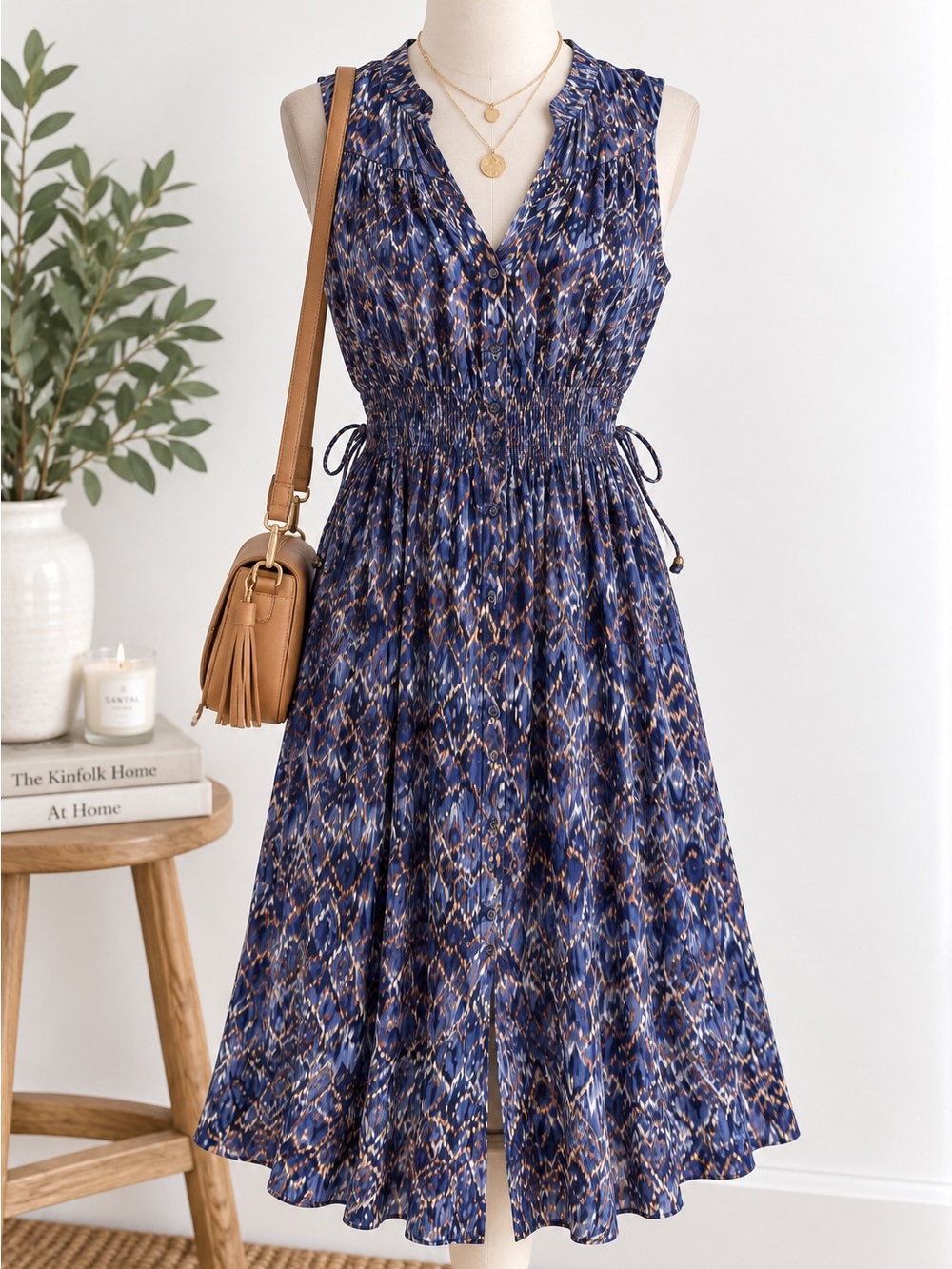Harlow & Rose Blue Boho Ikat Button Front Midi Dress Large